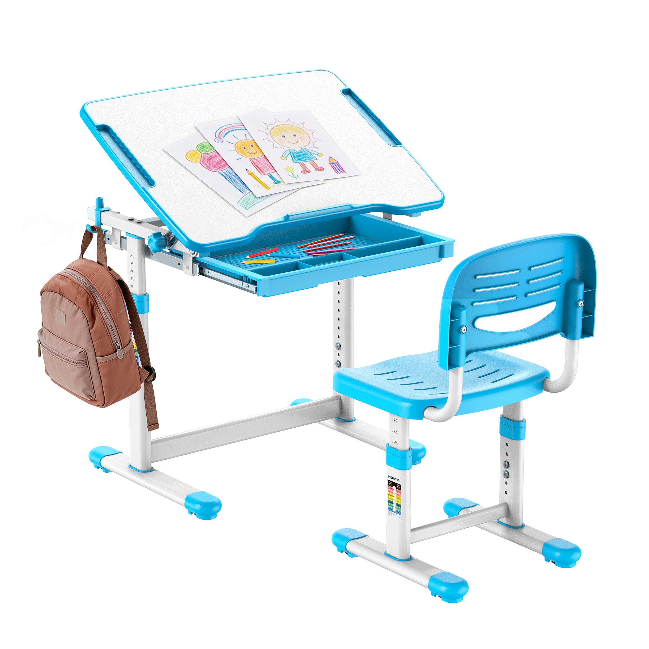 MI-10202_Main_02 The Mount-It! Kids Desk and Chair Set for Ages 3-10 in blue and white features a height-adjustable, tilting desktop with drawings, an open drawer of colored pencils, and a brown backpack hanging on the side.