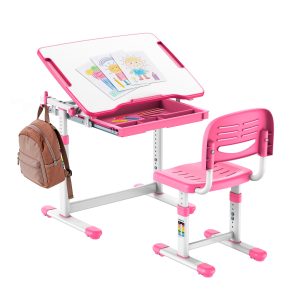 The Mount-It! Kids Desk and Chair Set for Ages 3-10 is pink and white, with a height adjustable, tilting desktop, art supplies drawer, cartoon artwork, and a brown backpack hanging on the side.