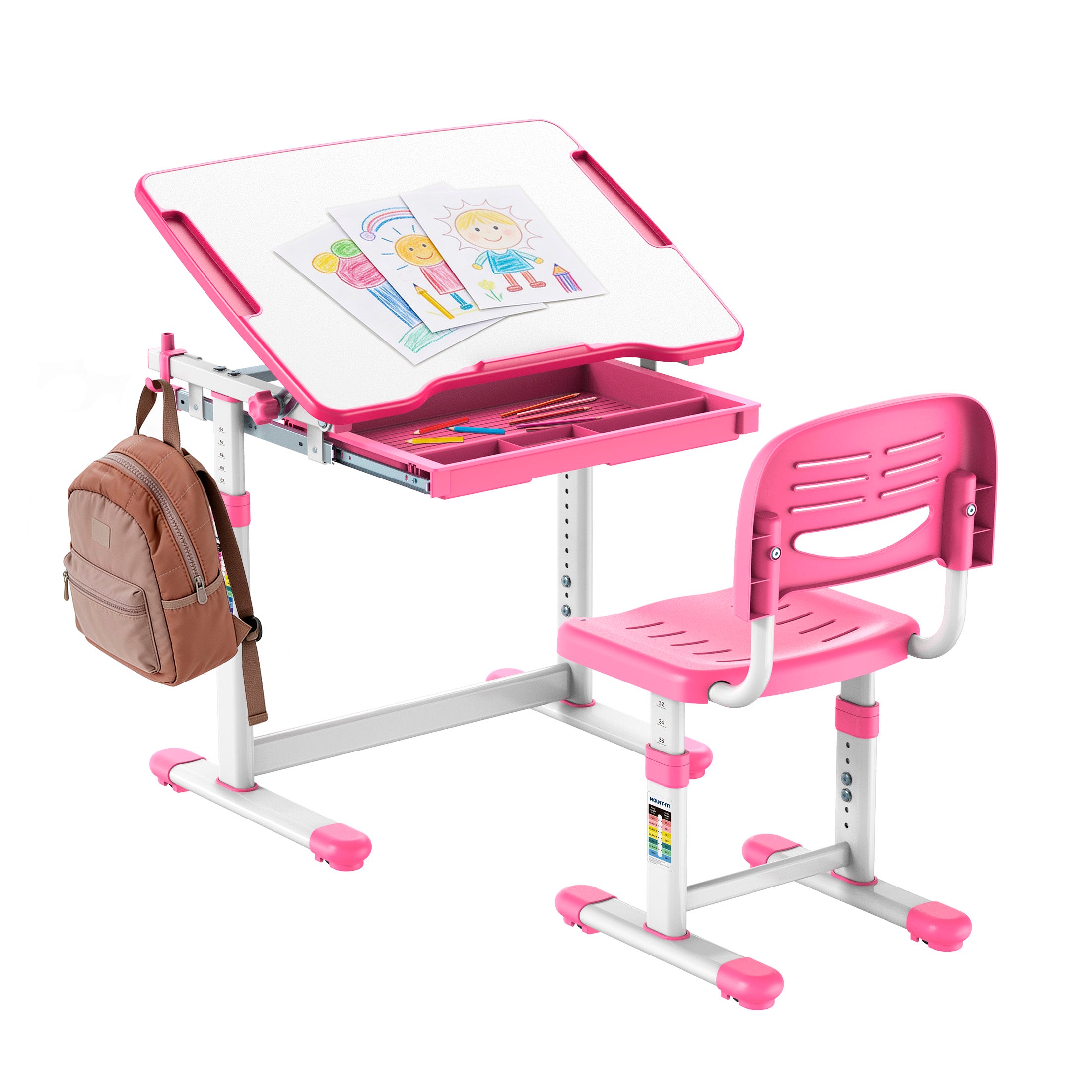 MI-10203_Main_02 The Mount-It! Kids Desk and Chair Set for Ages 3-10 is pink and white, with a height adjustable, tilting desktop, art supplies drawer, cartoon artwork, and a brown backpack hanging on the side.