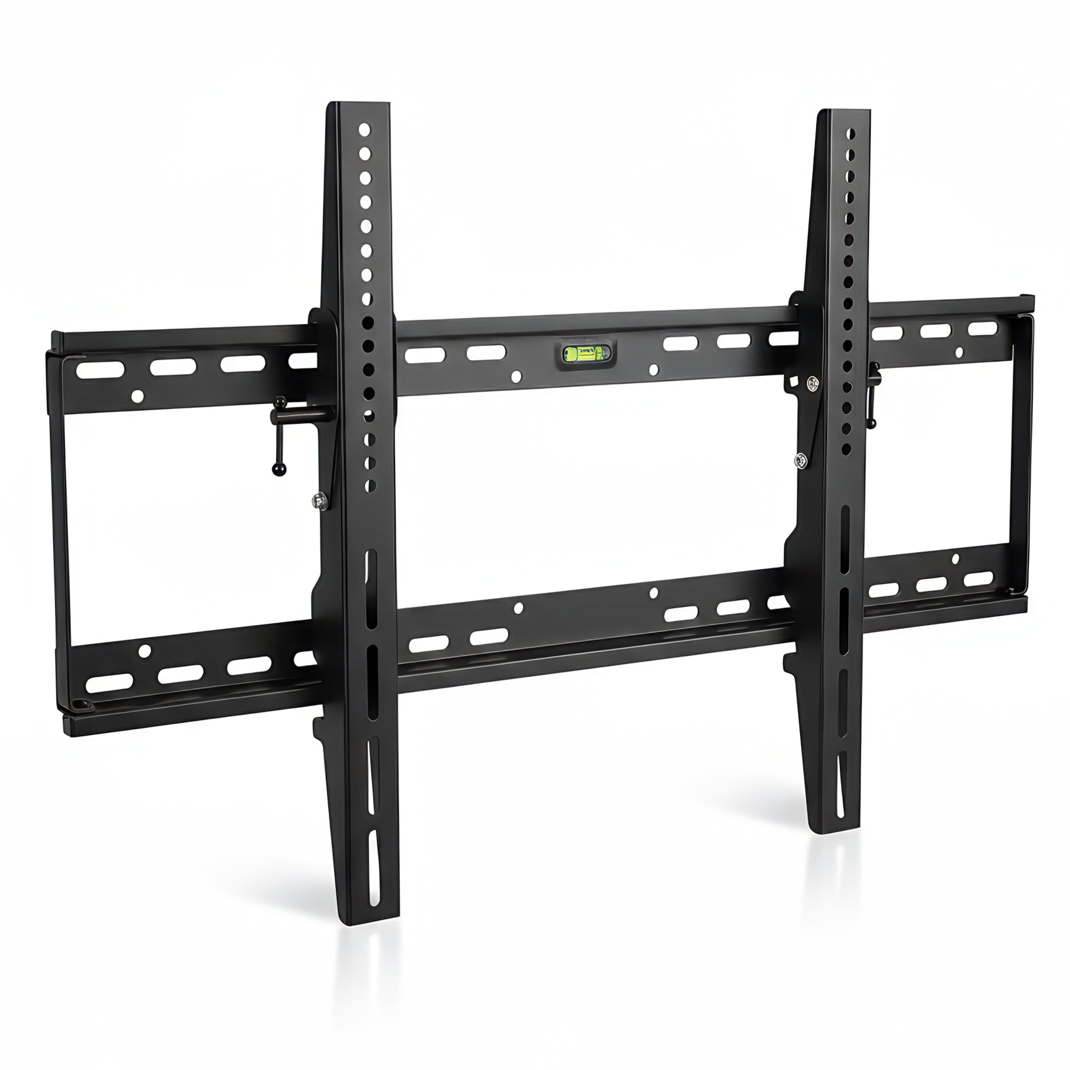 MI-1121L_Main_01 The Mount-It! Tilting TV Wall Mount in black features a slim profile, multiple adjustment holes, and an integrated top-center bubble level for secure, stylish flat-screen TV installation.