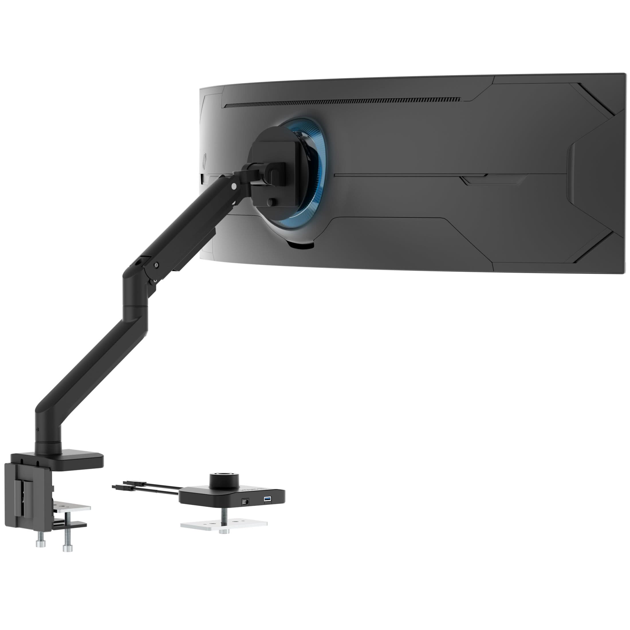 MI-12001_Main_04 The Mount-It! Heavy-Duty Monitor Mount with Gas Spring Arm holds a curved widescreen monitor, shown from the back with tidy cable management, clamp attachment, and a compact rectangular accessory featuring ports and a mounting bracket.
