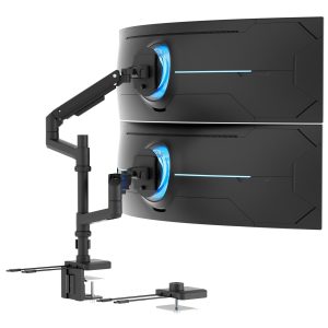 The Mount-It! Heavy-Duty Dual Stacking Monitor Mount with Pole & Gas Spring Arms securely holds two monitors vertically, offering full motion flexibility and blue LED accents, all clamped to your desk for a sleek workspace.