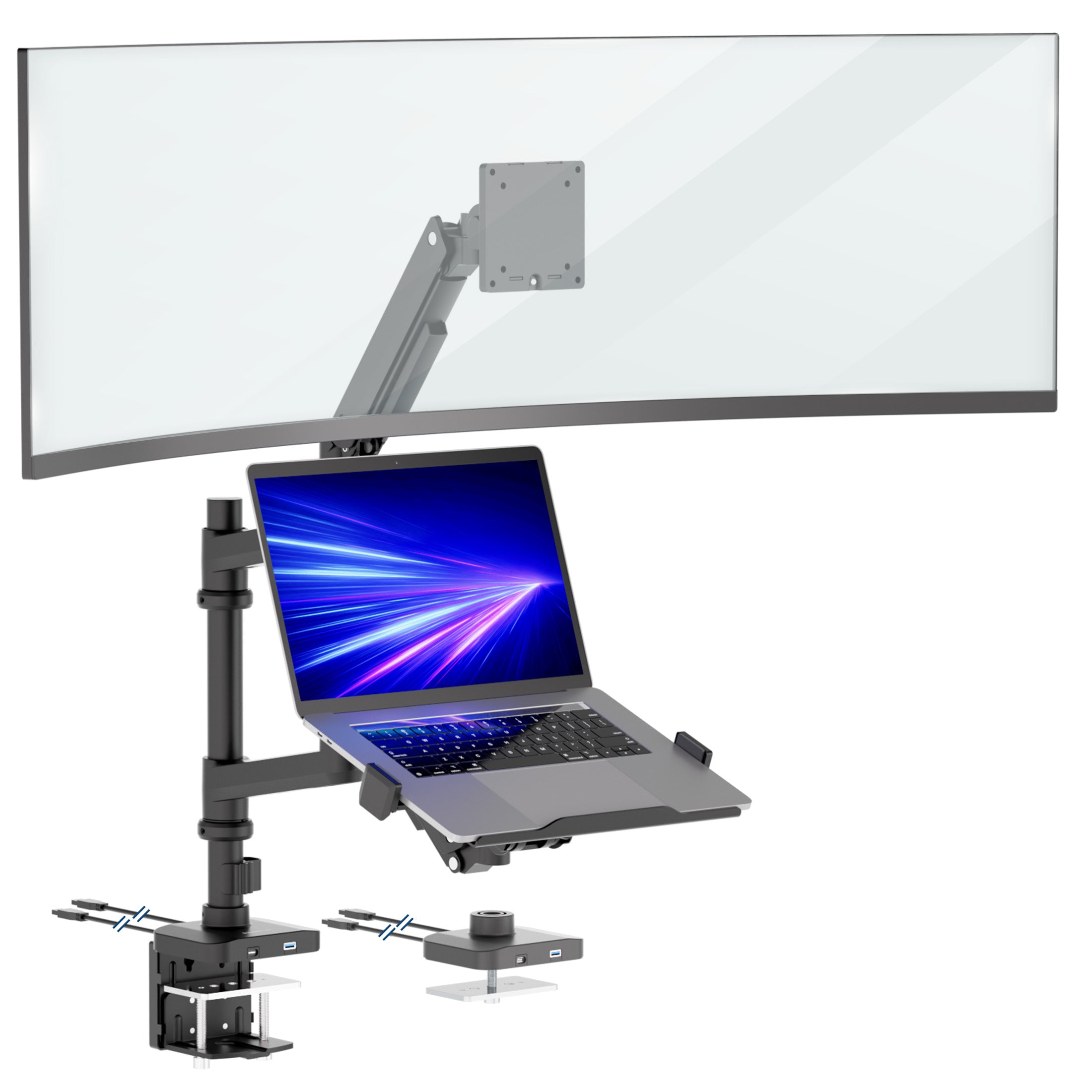 MI-12008_Main_04 A curved monitor and an open laptop with a blue screen are mounted on the Mount-It! Heavy-Duty Monitor and Laptop Mount, featuring black gas spring arms and a pole, clamped to the desk edge.