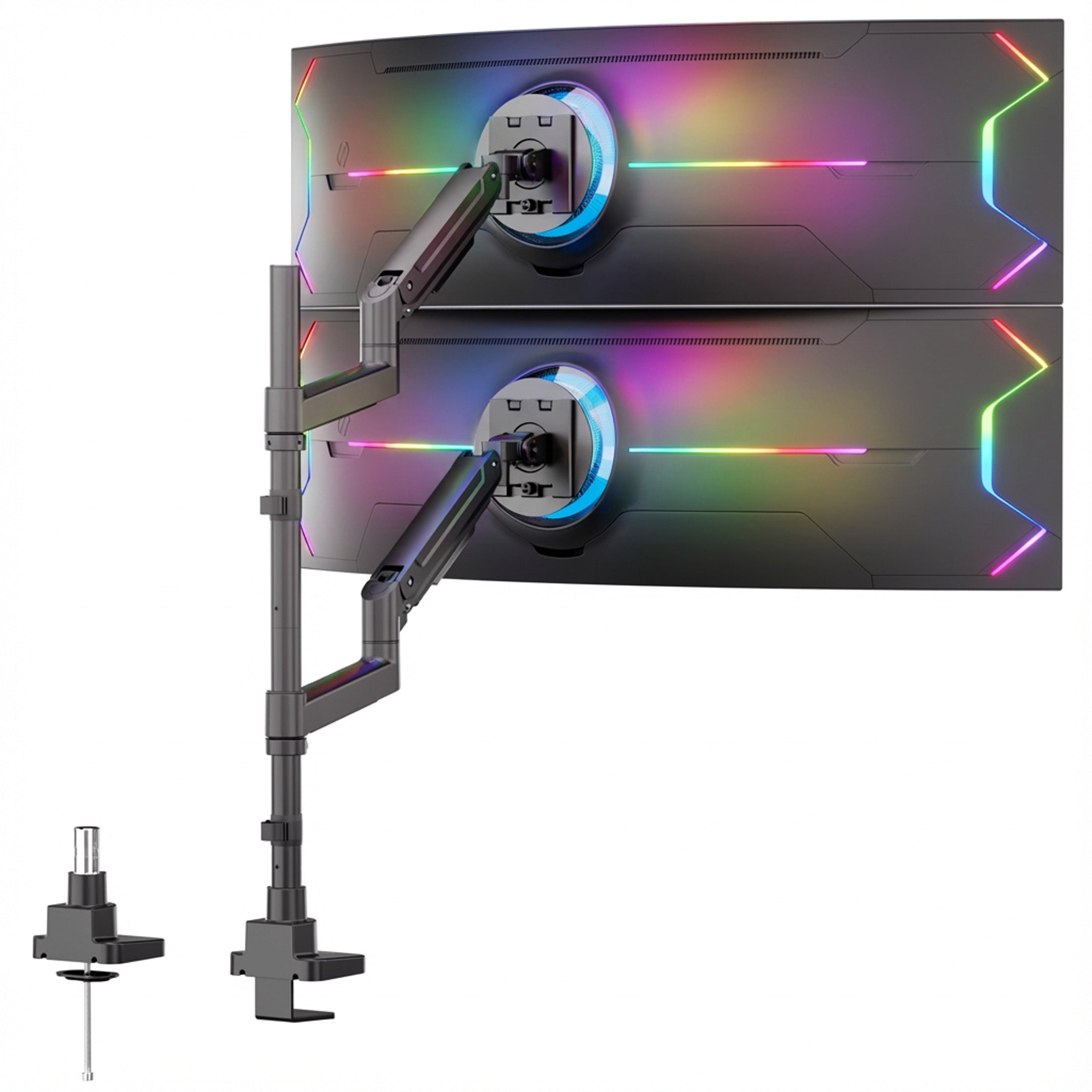MI-12015_Main_02 The Mount-It! Heavy-Duty Dual Stacking Monitor Mount in black securely clamps to your desk and holds two curved monitors vertically, featuring vibrant rear LED lighting for an ergonomic setup.