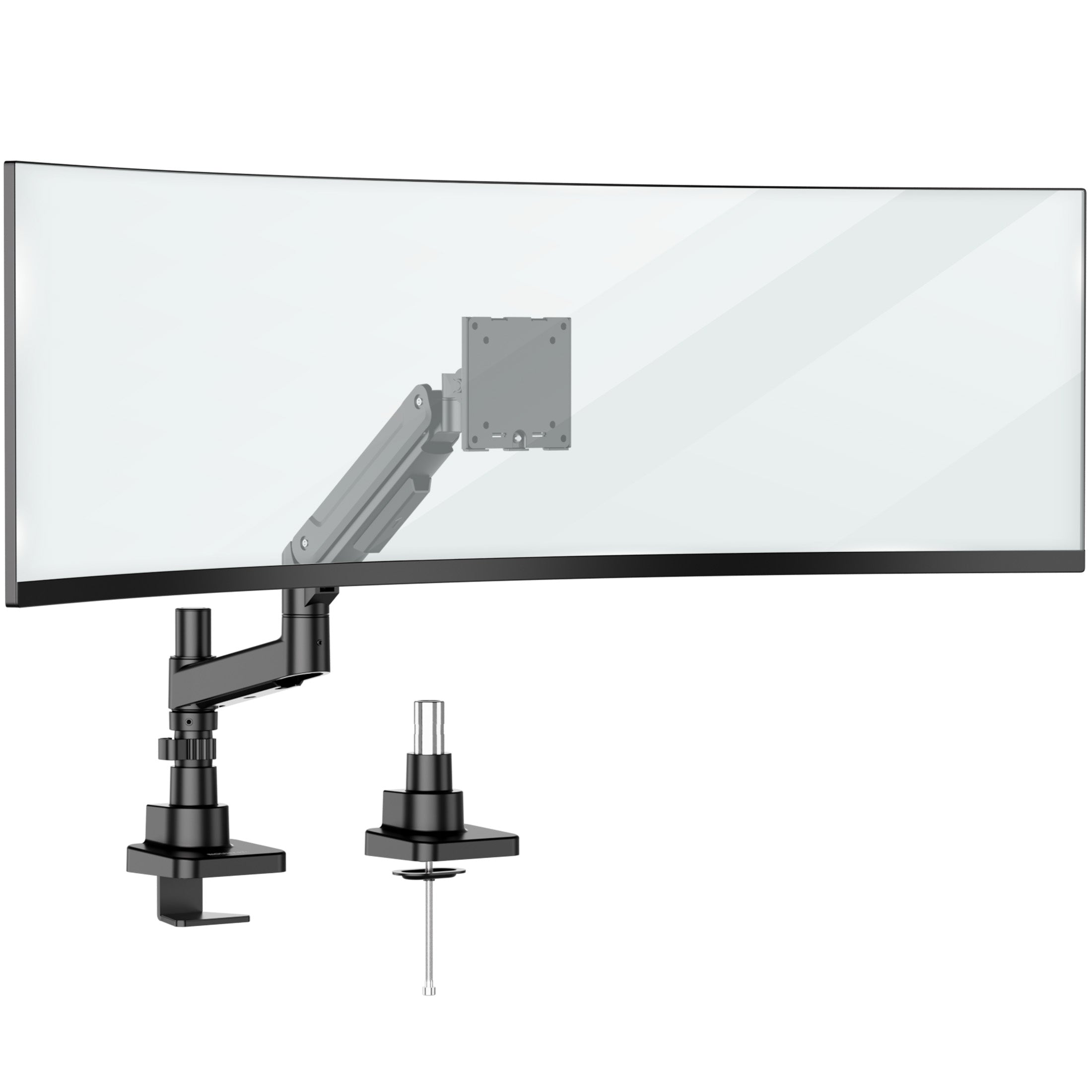 MI-12017_Main_03 The Mount-It! Heavy-Duty Monitor Mount with Gas Spring Arm in black supports a large curved ultrawide monitor. It offers clamp and grommet mounting plus neat cable management, shown against a white background.
