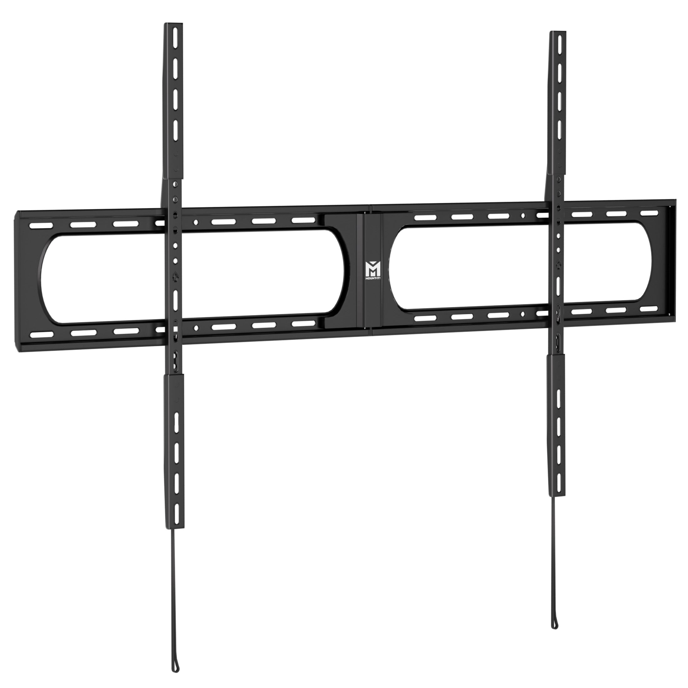 MI-14011_Main_01 The Mount-It! Heavy-Duty XXL Fixed TV Wall Mount in black is designed for ultra-large flat screens, featuring multiple vertical and horizontal bars with mounting slots and two pull cords for easy installation and removal.