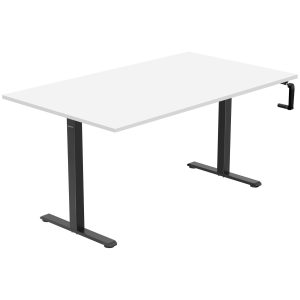 The Mount-It! Hand Crank Standing Desk with 55" tabletop features a white rectangular surface, black metal base, and a manual hand crank on the right for easy height adjustment between sitting and standing.