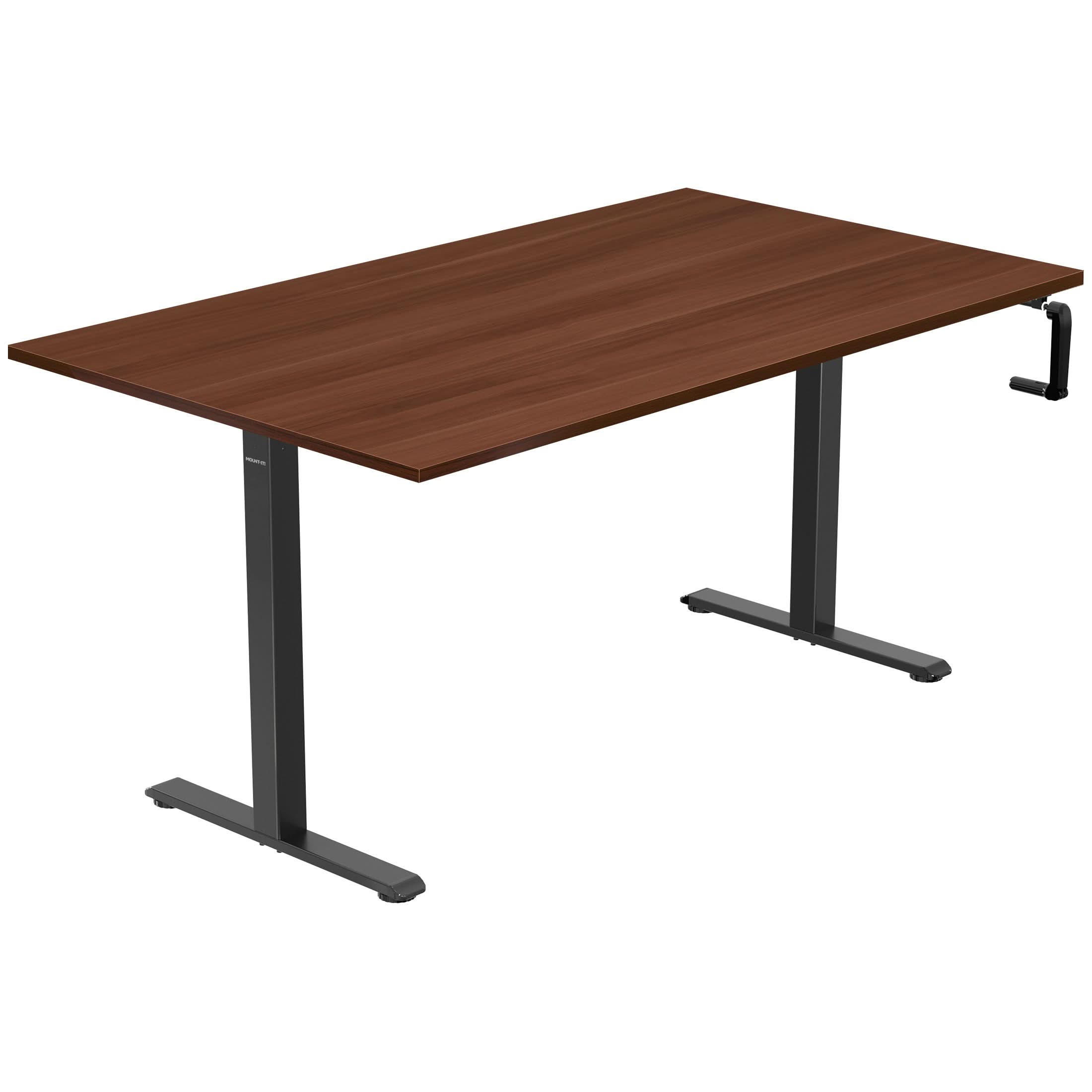 MI-18071_Main_01 The Mount-It! Hand Crank Standing Desk features a 55" rectangular tabletop and black metal base with a manual hand crank for easy height adjustment, combining modern, minimalist design with practical functionality.