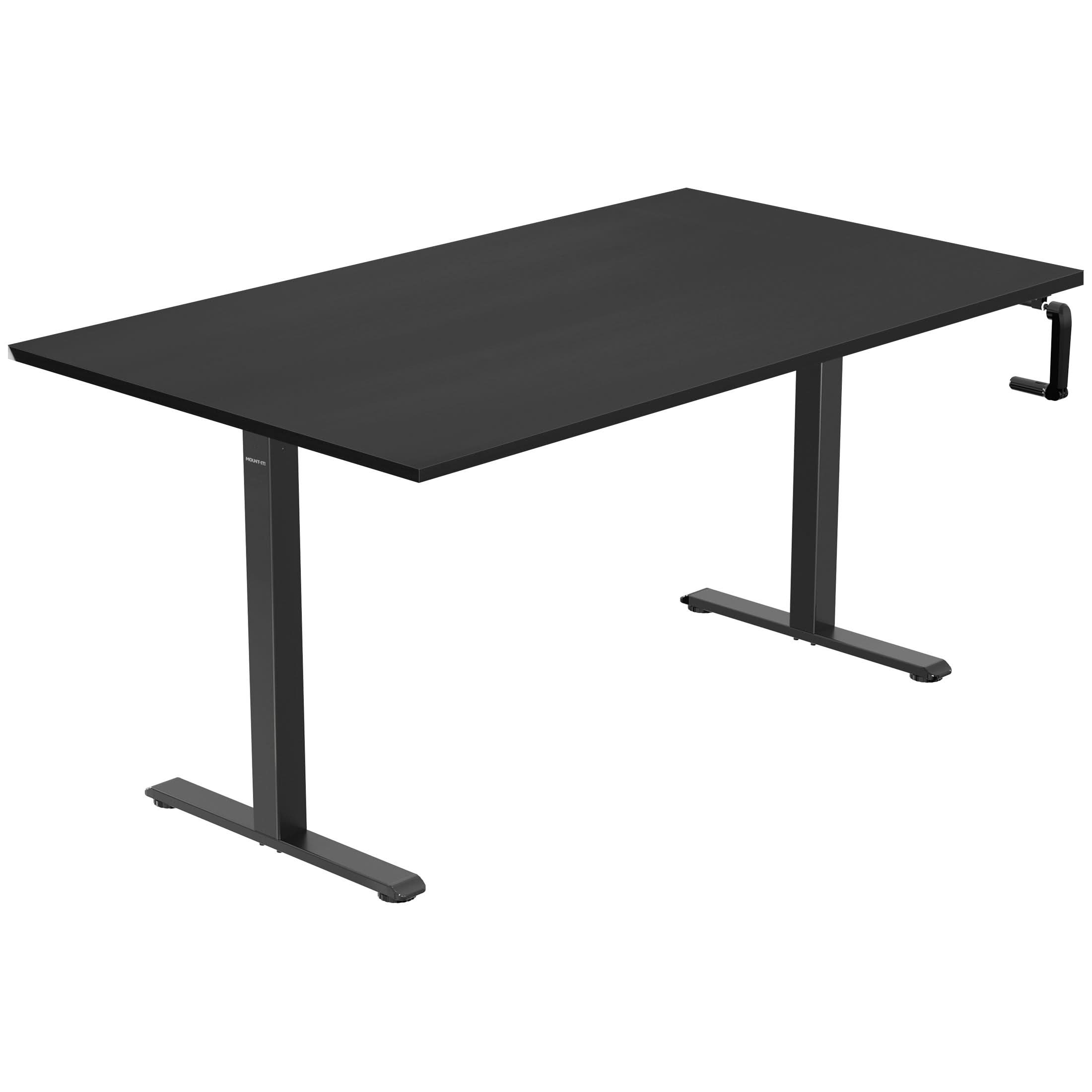 MI-18091_Main_01_c2ac3b39-2e6c-443e-8922-21287af048a5 The Mount-It! Hand Crank Standing Desk features a 55" black tabletop, manual height adjustment, and sturdy metal legs with T-shaped feet for stability.