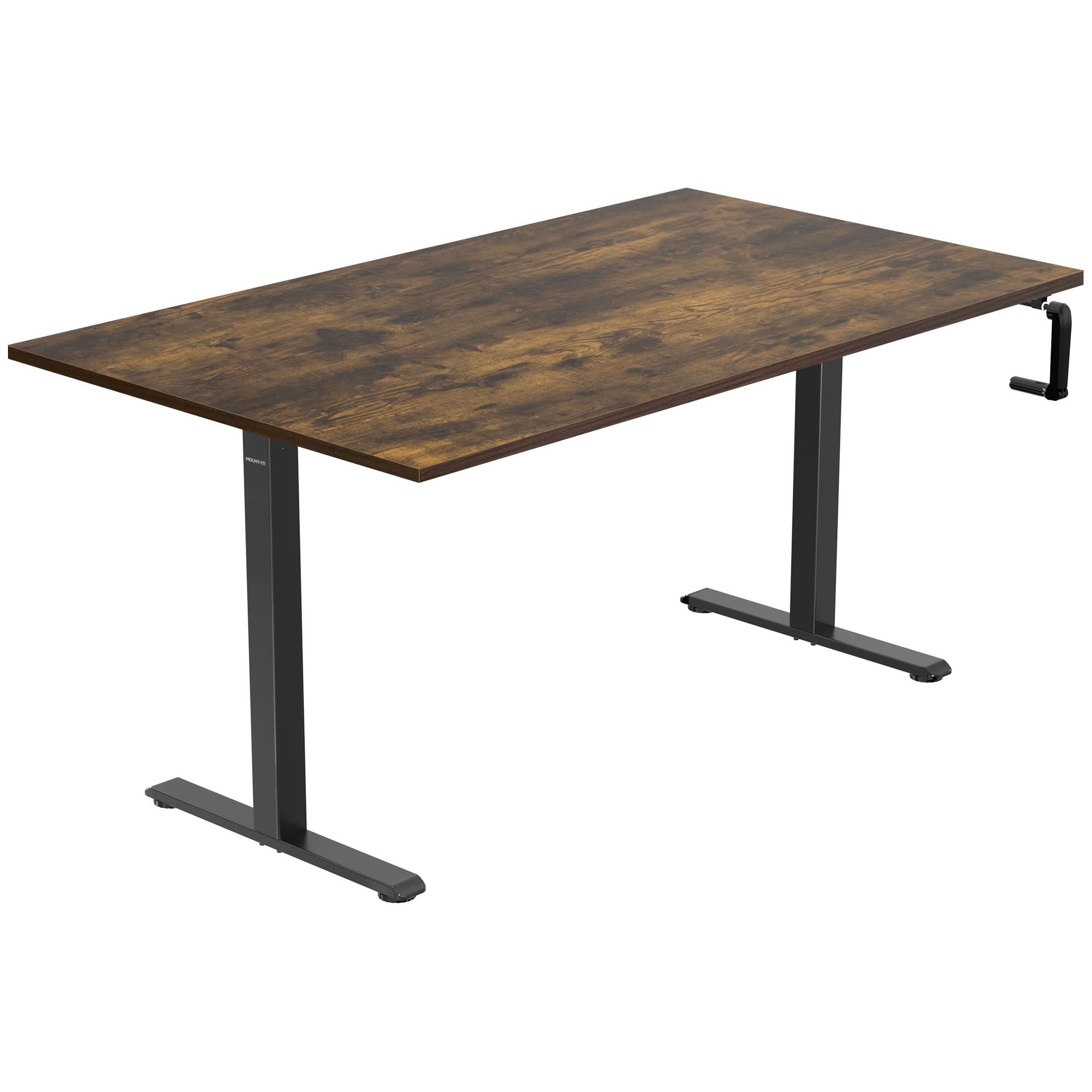 MI-18094_Main_01 The Mount-It! Hand Crank Standing Desk with 55" Tabletop features a rustic rectangular surface, black metal base, and a manual hand crank on the right for easy height adjustment.