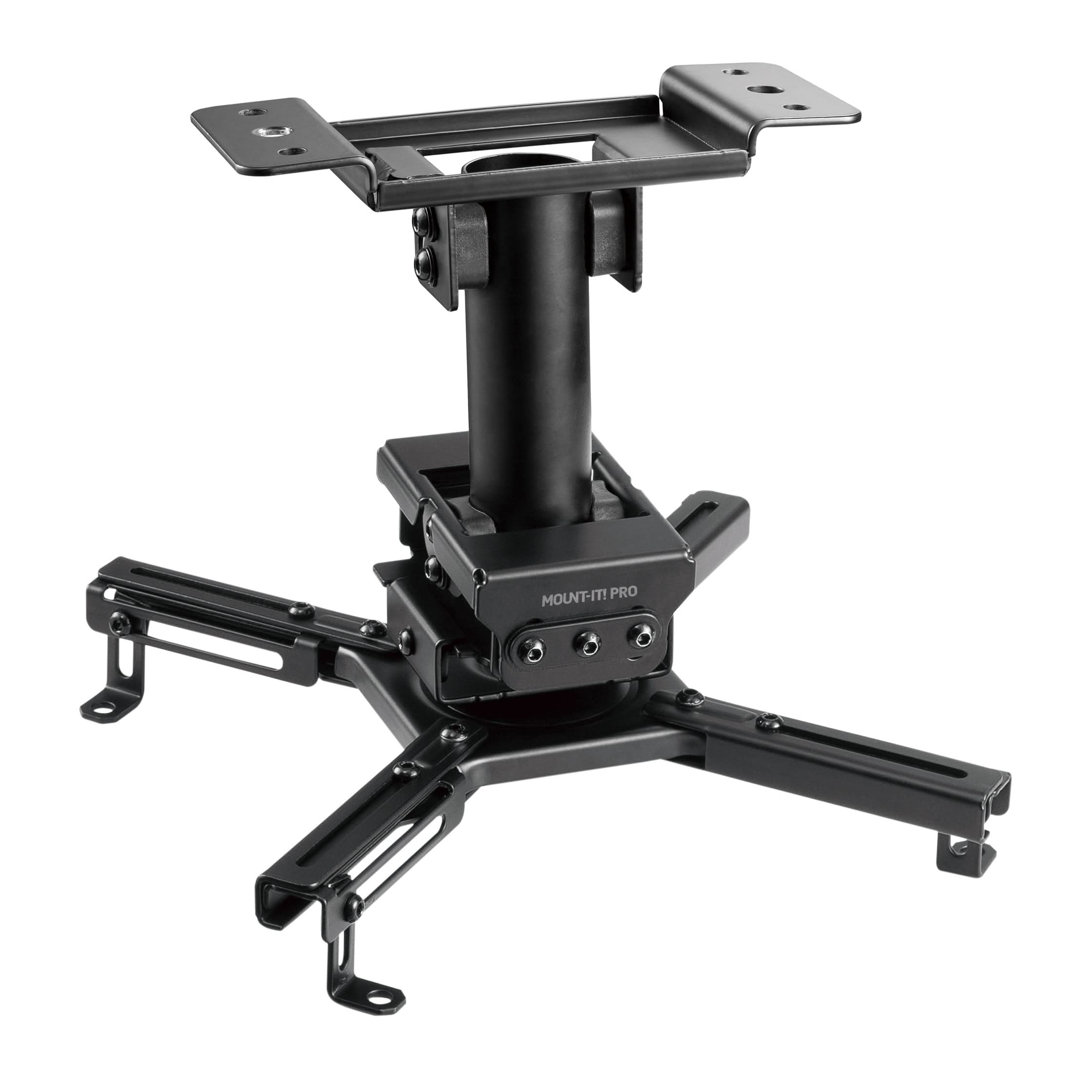 MI-20145_Main_01 The Mount-It! Heavy-Duty Universal Projector Ceiling Mount features adjustable, extendable arms, a quick-release mechanism, and a tilt joint for flexible projector positioning, displayed against a white background.