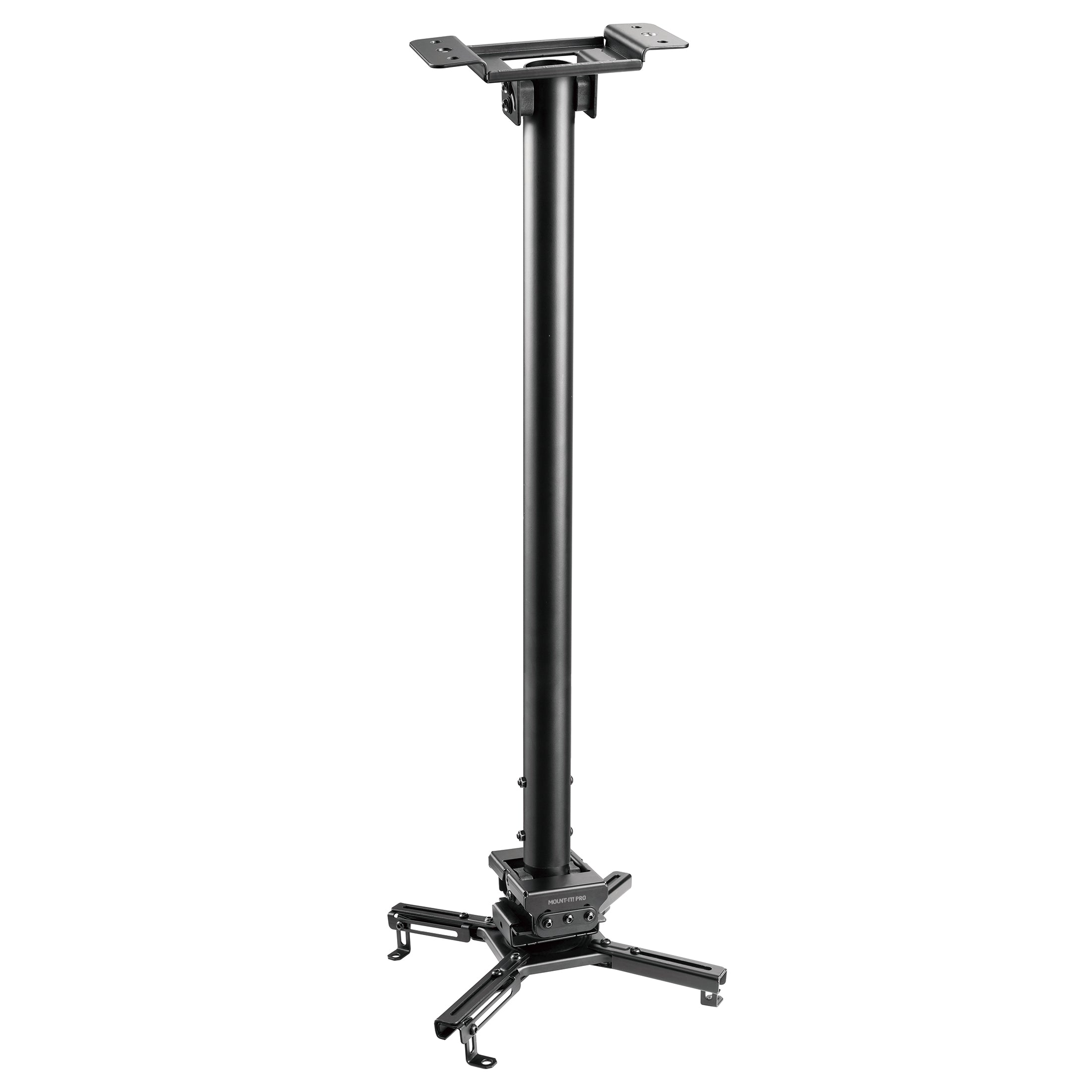 MI-20147_Main_01 The Mount-It! Heavy Duty Projector Ceiling Mount in black features a long central pole and four adjustable arms at the base for securely holding your projector.