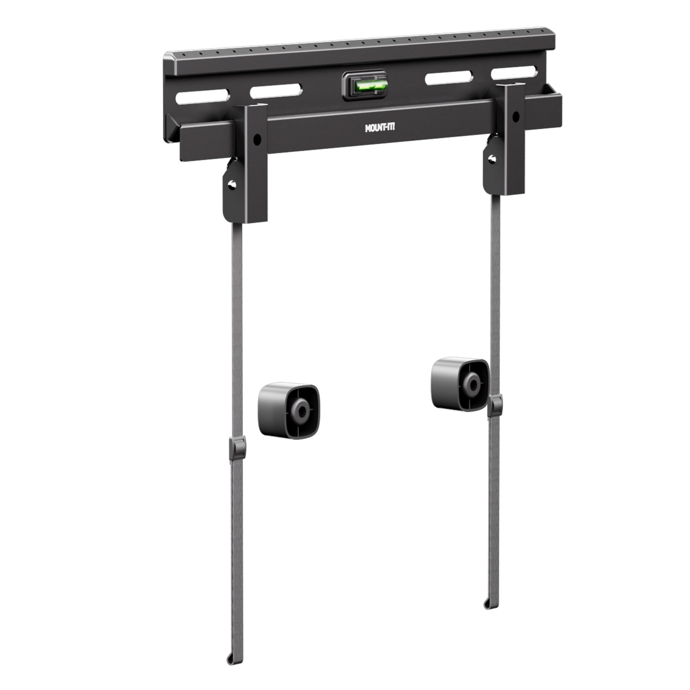 MI-378_Main_01 The Mount-It! No Stud TV Wall Mount in black features adjustable arms, built-in spirit level, and two hanging straps for easy drywall installation—ideal for securely mounting your flat-screen TV.