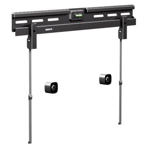 The Mount-It! No Stud TV Wall Mount in black features a built-in bubble level, two adjustable vertical straps, and two cylindrical mounting anchors—perfect for drywall TV installation without studs.