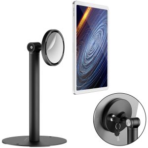 The Mount-It! Universal Anti-Theft Tablet Countertop Stand is shown in black with a circular magnetic holder, supporting a tablet with a swirl design. An inset highlights its lock and key anti-theft mechanism.