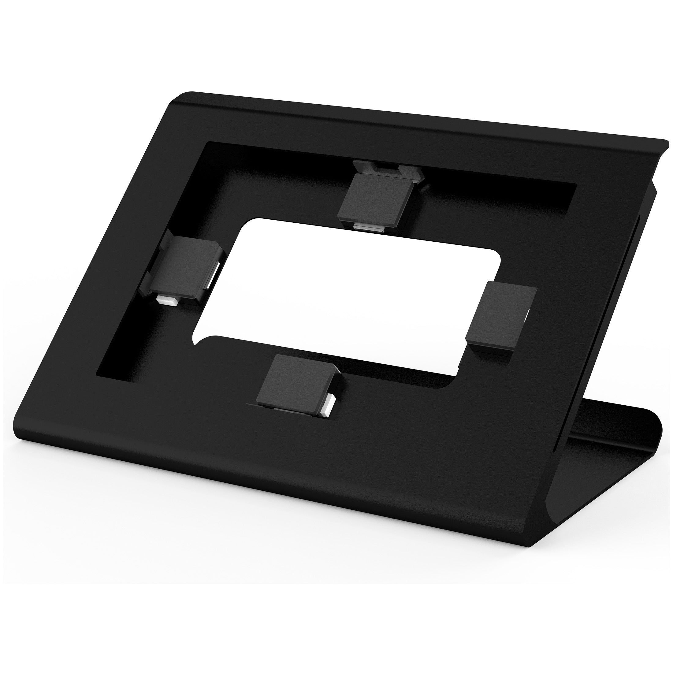 MI-3895BLK_Main_01 The Mount-It! Universal Tablet Countertop Stand is a black, angled metal holder with four adjustable corner grips and a center cutout, designed to securely hold your tablet in place.