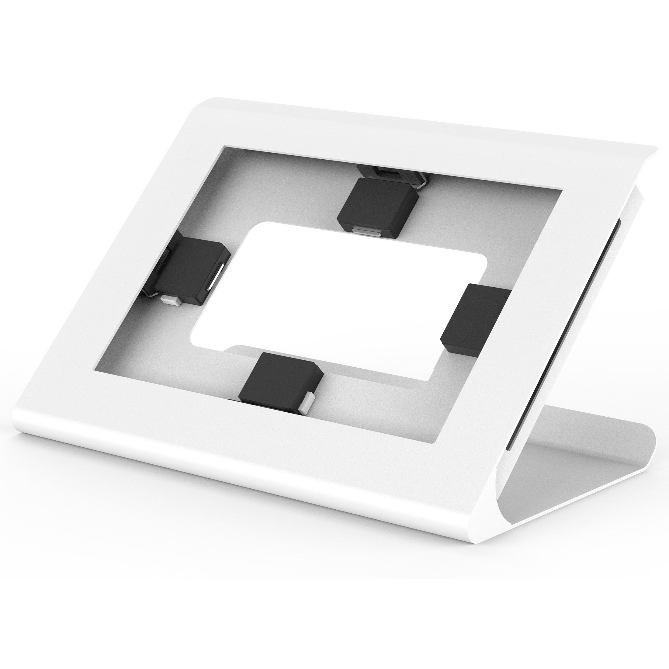 MI-3895WHT_Main_01 The Mount-It! Universal Tablet Countertop Stand in white features a tamper-proof, angled design with a rectangular cutout and four black corner grips to securely hold your device.
