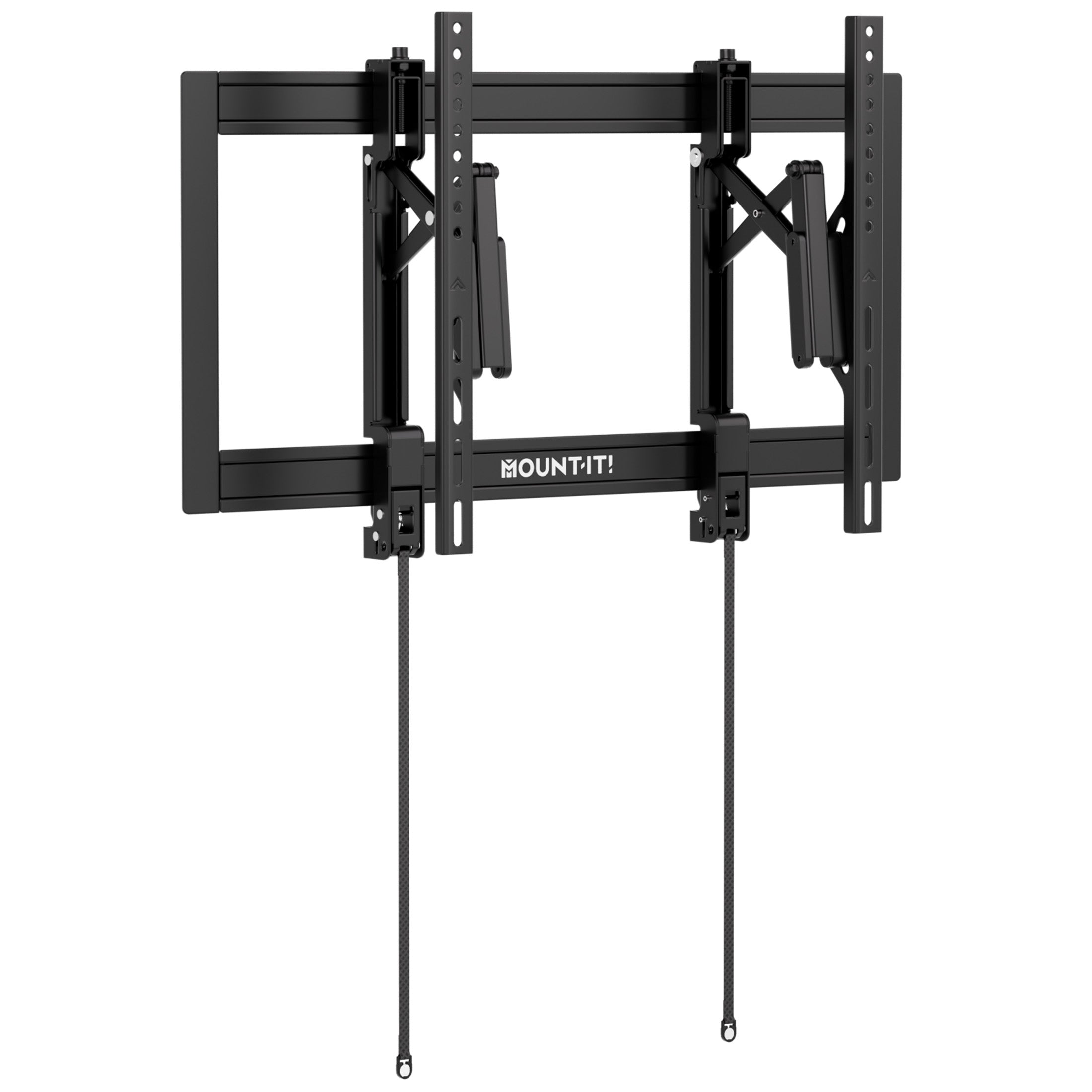 MI-412_Main_01 The Mount-It! Heavy-Duty Advanced Tilt TV Wall Mount in black features adjustable arms, vertical rails, and two pull cords for easy adjustment or removal. The brand logo appears at the center of this sturdy steel bracket.