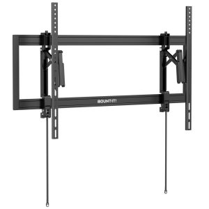 The Mount-It! Heavy-Duty XL Advanced Tilt TV Wall Mount is a black metal bracket with adjustable arms, extended tilt, vertical rails, and built-in cable management—ideal for large flat-screen TVs. Brand logo displayed on the horizontal bar.