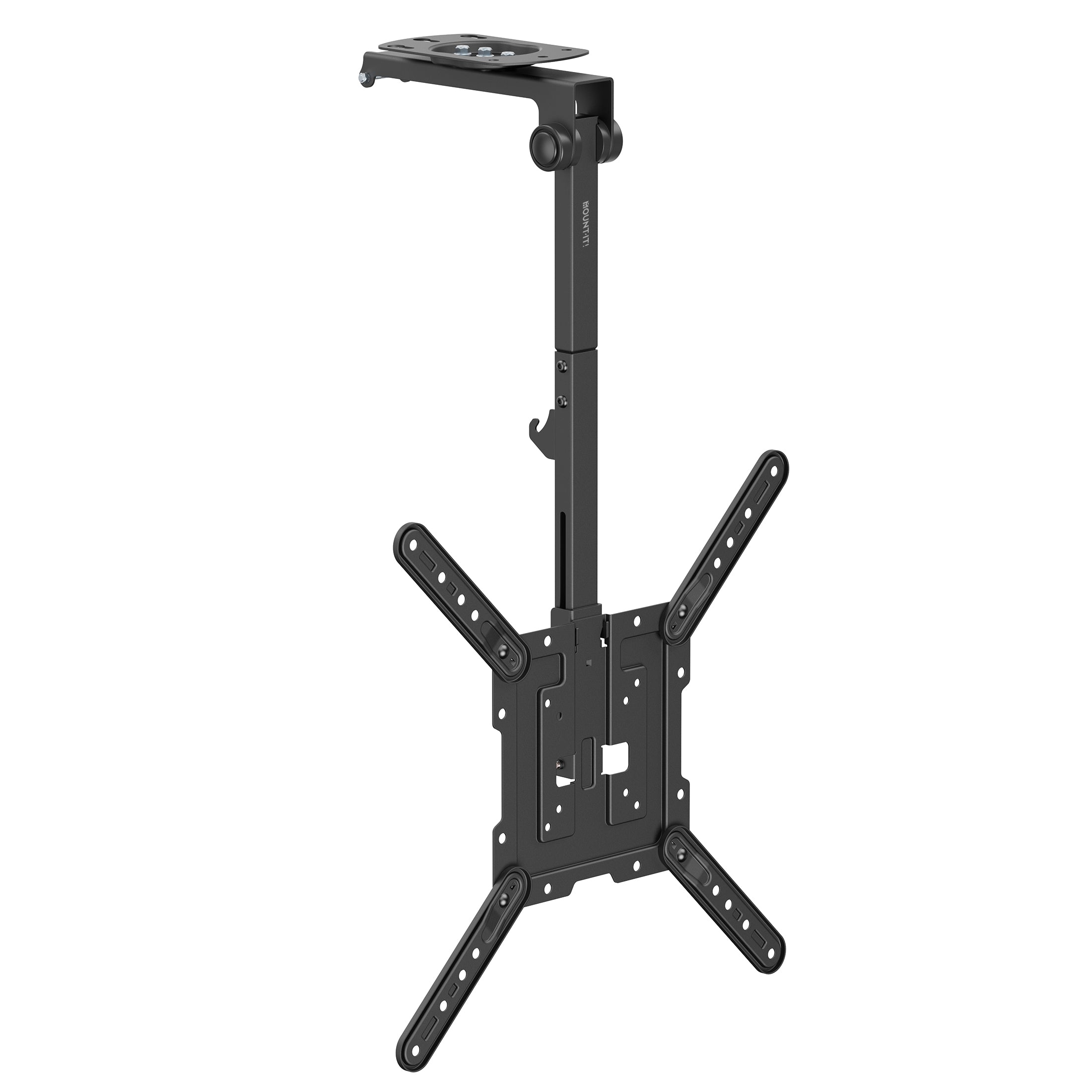 MI-4225XL_Main_01 The Mount-It! Flip-Down Ceiling TV Mount in black features an extendable arm, universal bracket, and multiple screw holes to fit flat-screen TVs of various sizes. Its adjustable design saves space and ensures easy ceiling installation.