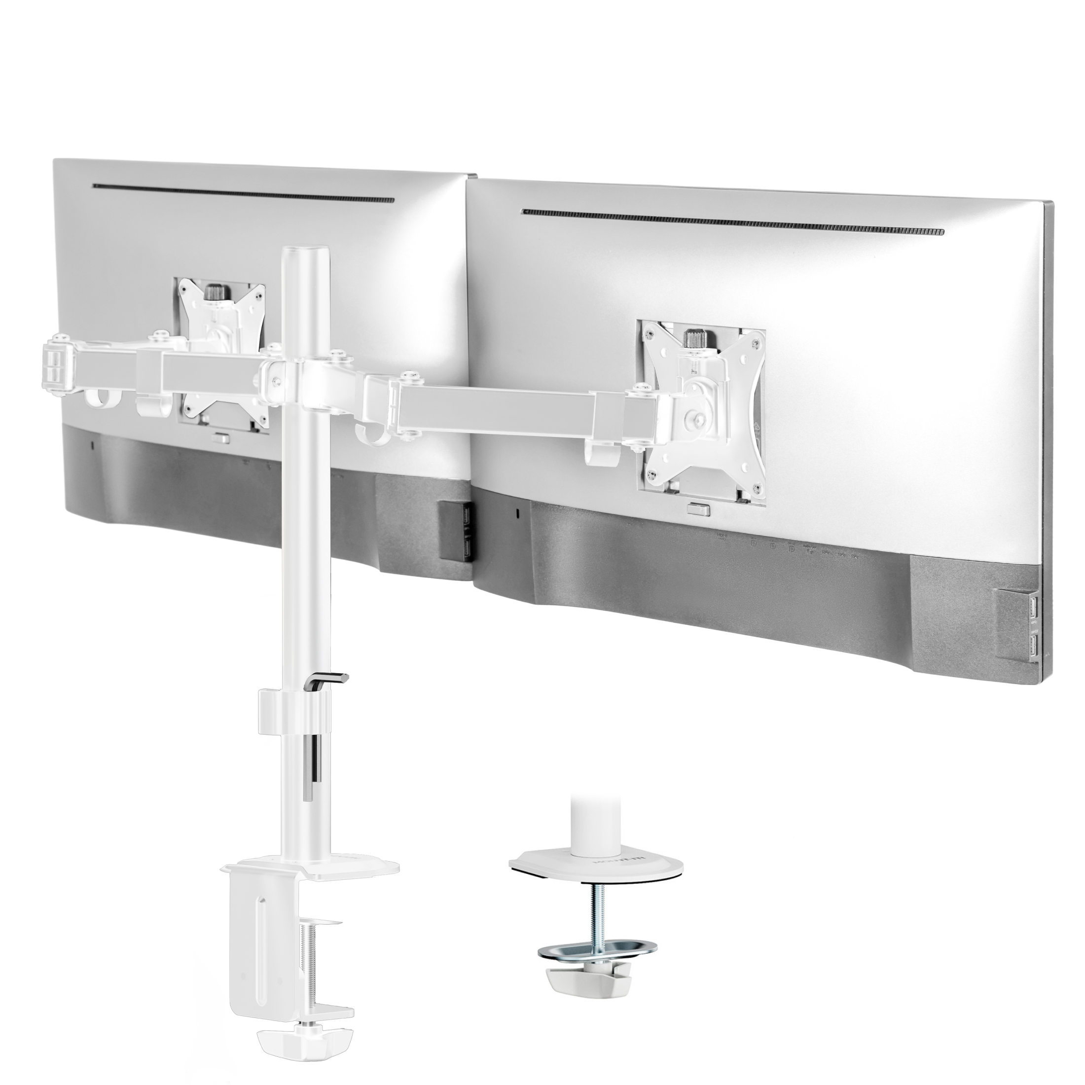 MI-4752WHT_Main_02 The Mount-It! Full Motion Dual Monitor Desk Mount in white supports two monitors side by side, offering ergonomic positioning with both clamp and grommet mounts for a clean, modern workspace.