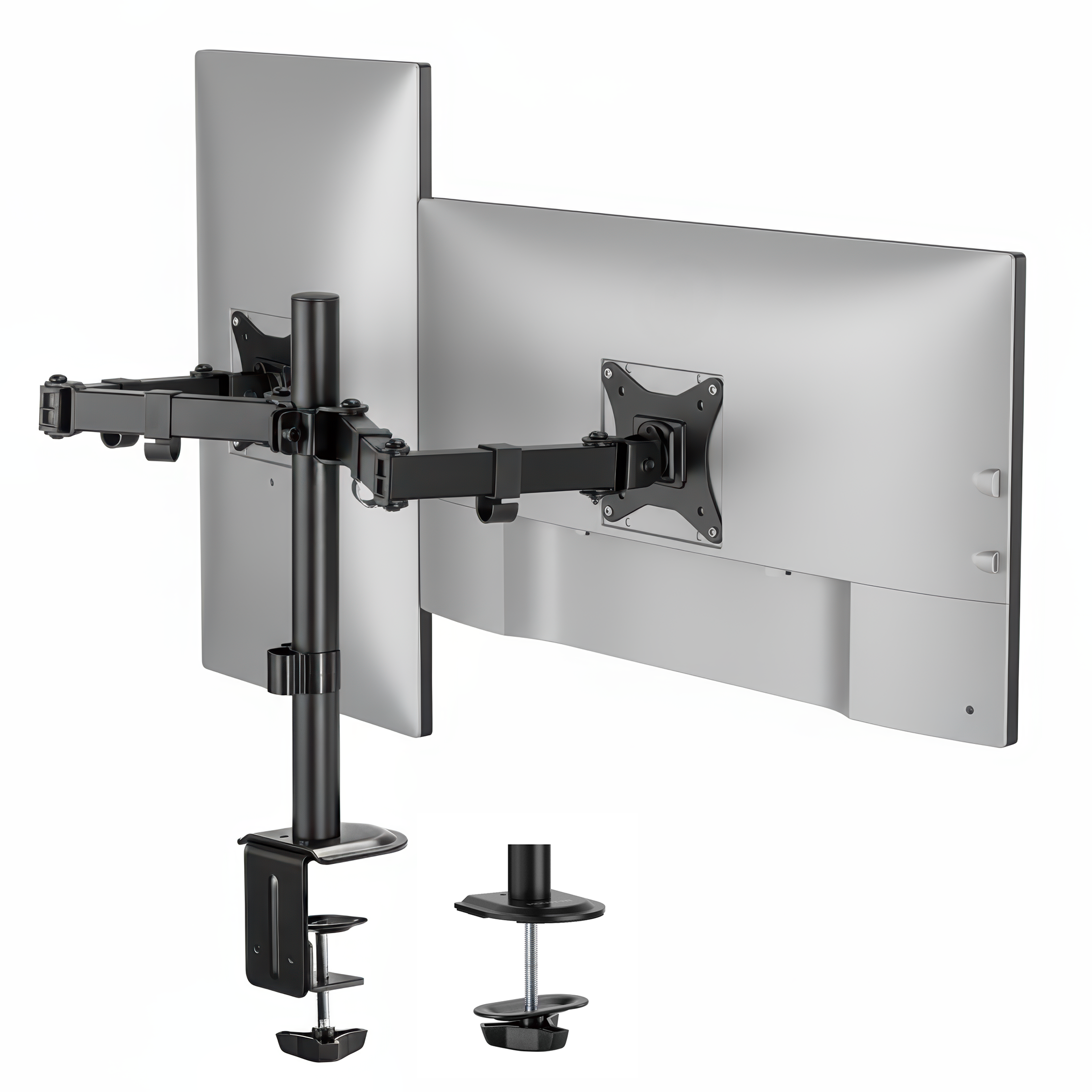MI-4752_Main_03 The Mount-It! Full Motion Dual Monitor Desk Mount in black features adjustable arms for ergonomic positioning, securely clamping to the desk edge and holding two flat-screen monitors in landscape orientation.