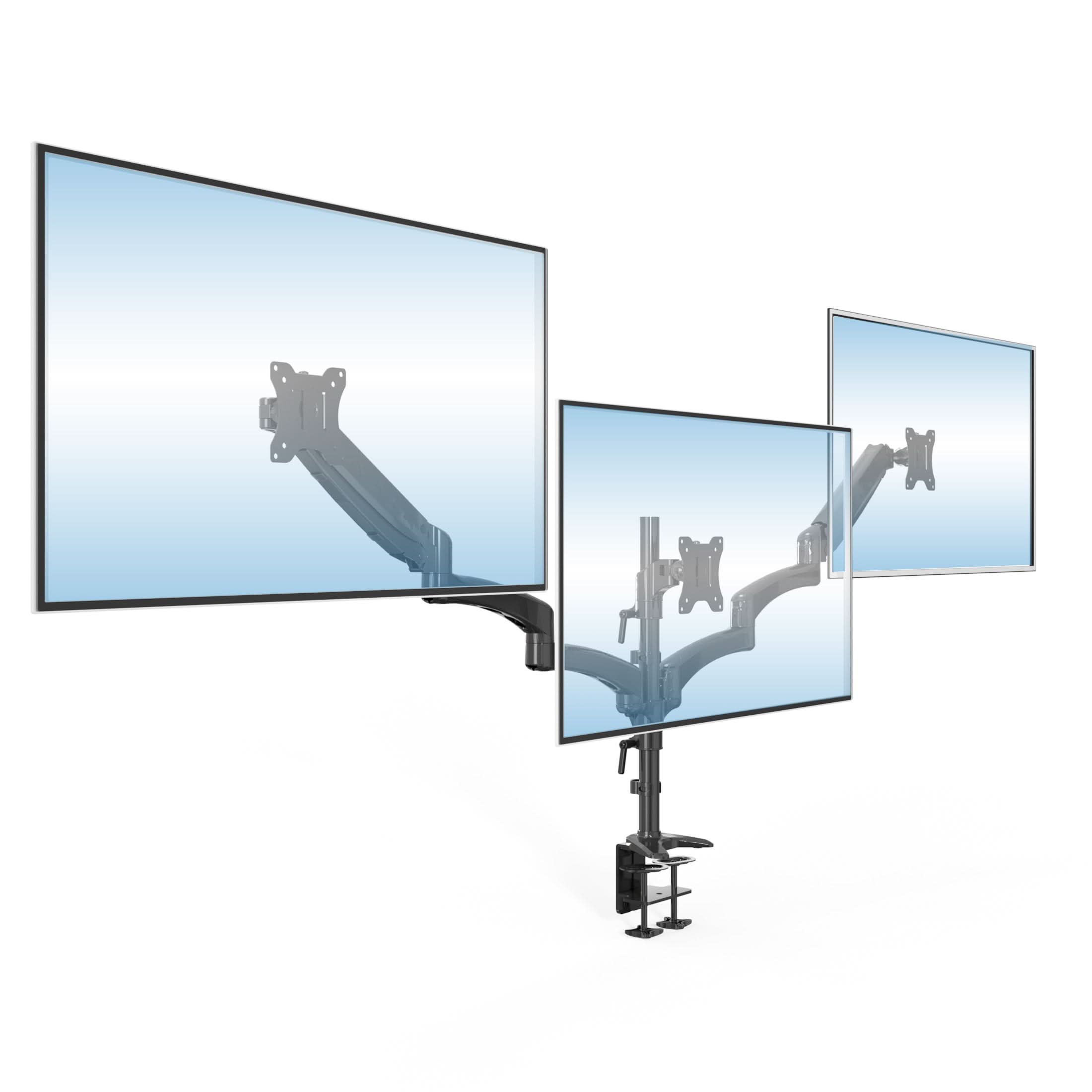 MI-4753BLK_Main_02_7501f897-a825-4ff2-98df-eb3669004175 Triple Monitor Mount with Gas Spring Arms showing adjustable steel arms and clamp base securely holding three monitors side by side, designed for smooth height adjustments, tilt, swivel, and rotation for ergonomic workspace organization and reduced glare.