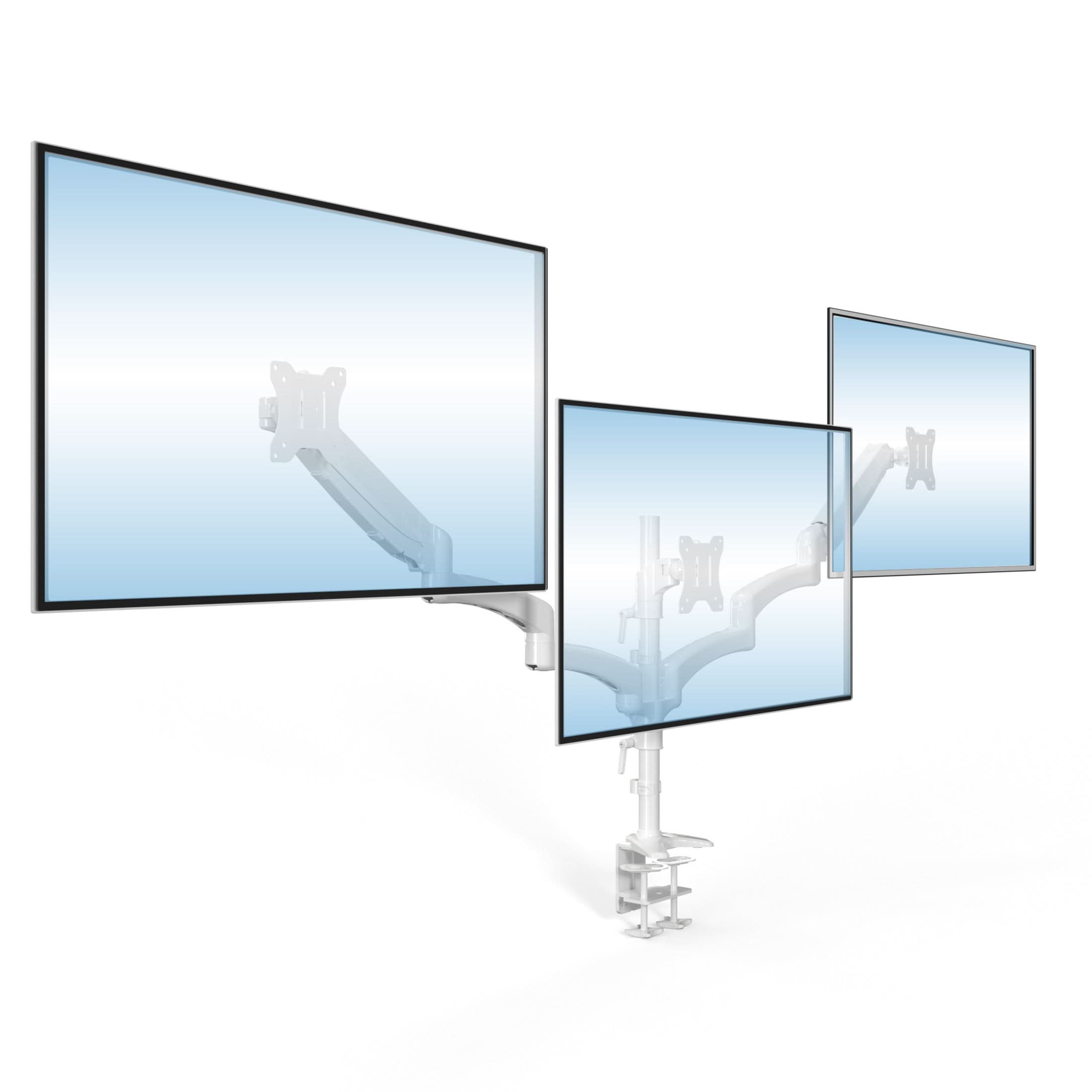 MI-4753WHT_Main_02 Triple Monitor Mount with Gas Spring Arms holding three adjustable flat-screen monitors side by side, mounted on a sturdy clamp attached to a desk, showcasing smooth, flexible positioning with tilt, swivel, and rotation capabilities for ergonomic comfort and a clean, organized workspace ideal for office or home use.