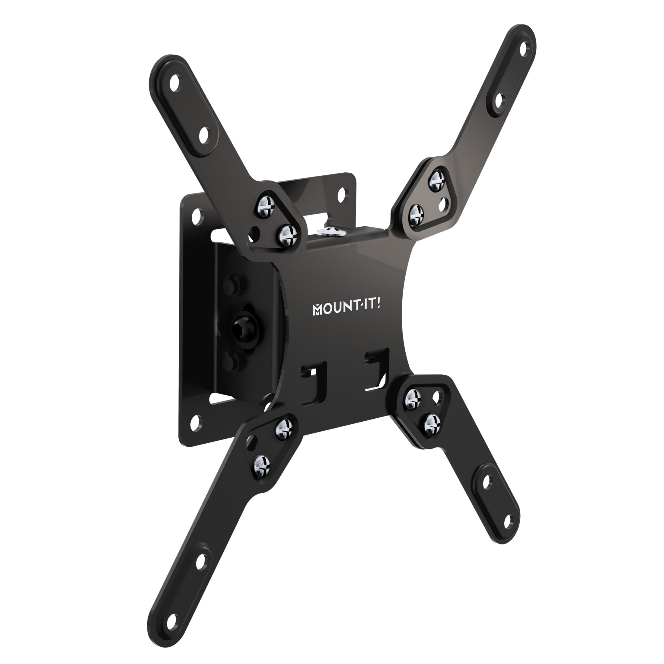 MI-6524XL_Main_01 The Mount-It! Low-Profile Tilt TV Wall Mount is a black, adjustable bracket with four arms and multiple screw holes, shown isolated on a white background. The Mount-It! brand name appears on the center plate.