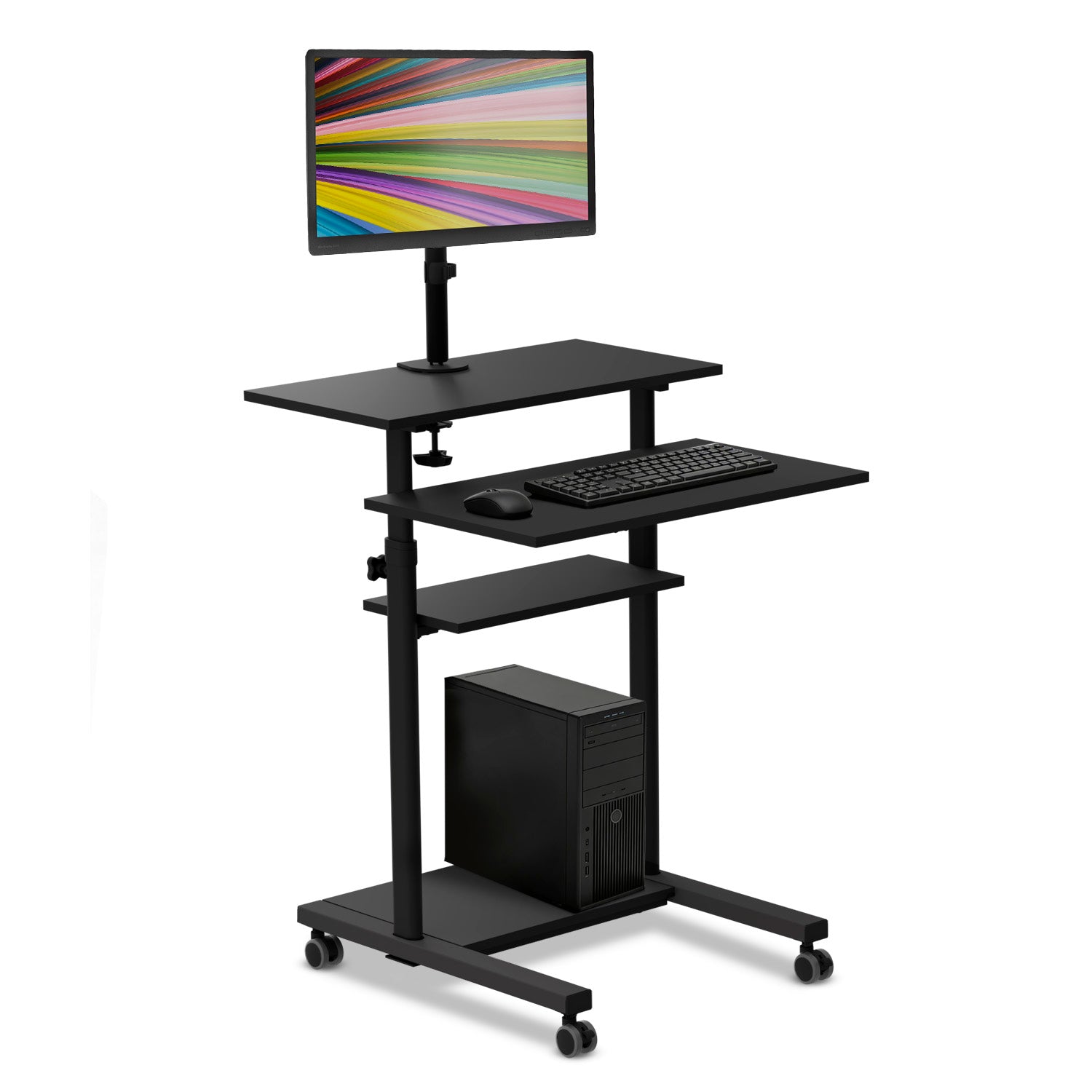 MI-7942B.Main_01 The Mount-It! Rolling Computer Work Station with Monitor Mount in black features a mobile cart with monitor stand, keyboard and mouse space, a shelf for your desktop tower, and four wheels for easy mobility.