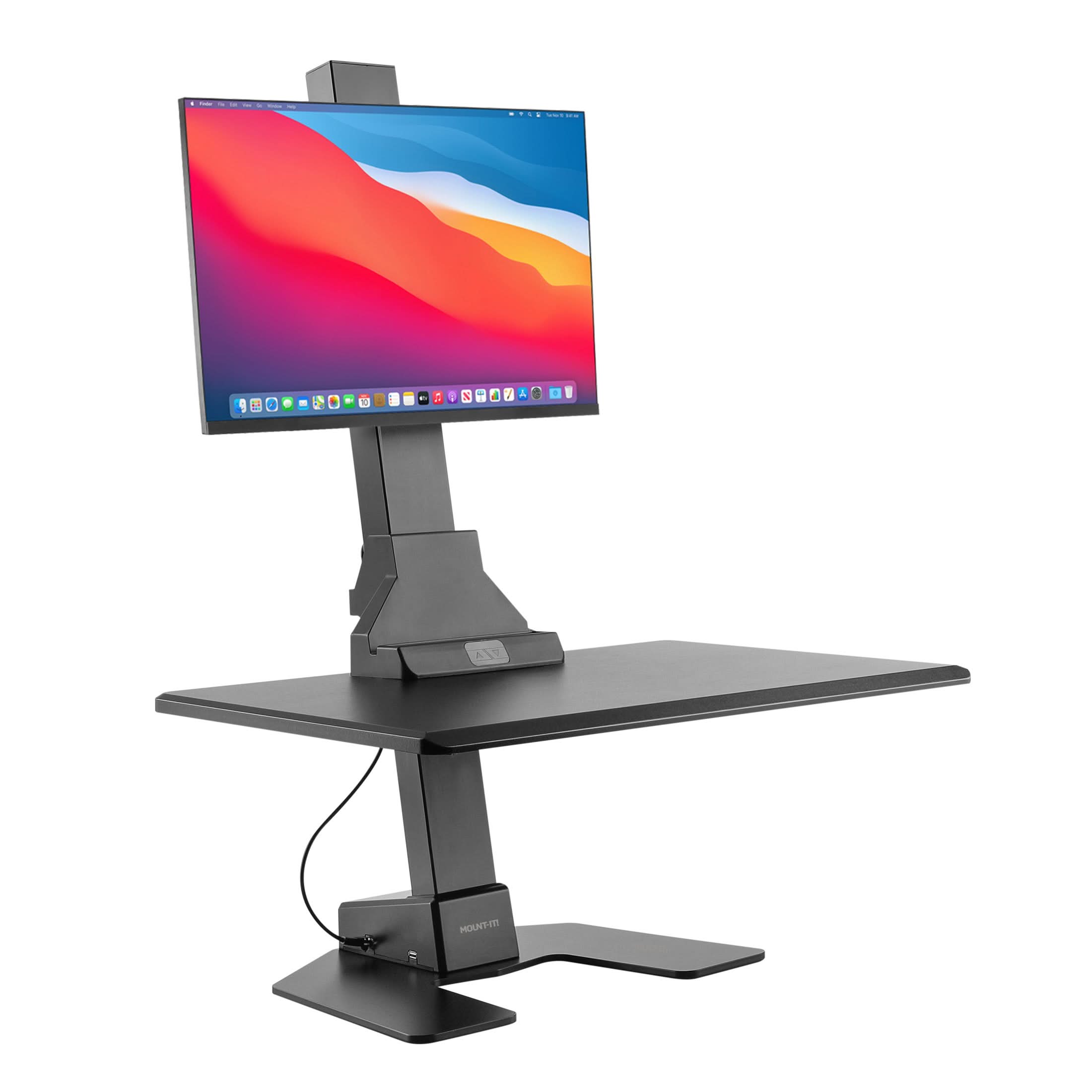 MI-7951_Main_02 Black adjustable standing desk converter with a monitor on a white background