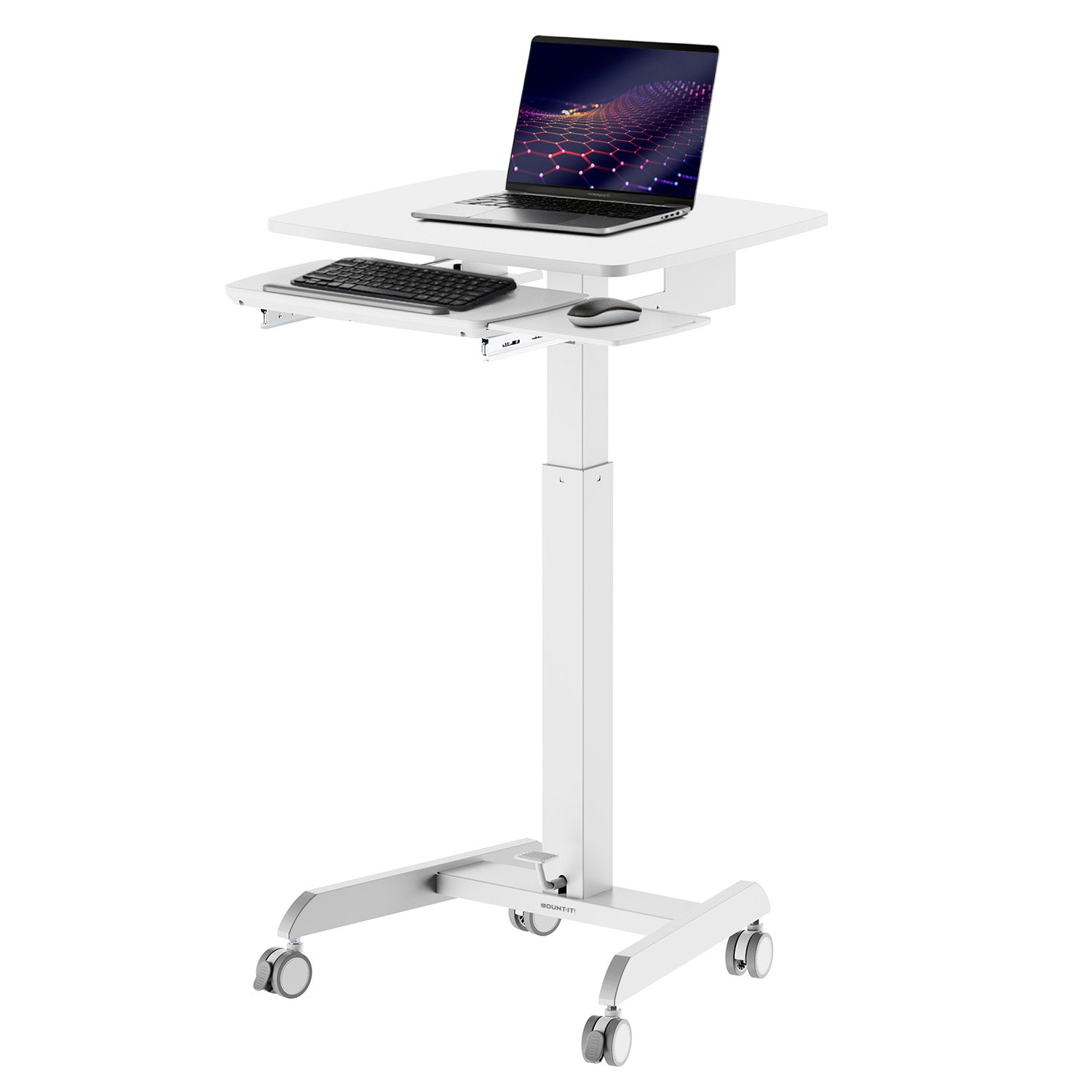 MI-7997KB_Main_02 The Mount-It! Laptop Cart with Pull-Out Keyboard Tray is a white, adjustable-height mobile standing desk with caster wheels, offering an ergonomic workstation for your laptop and keyboard.