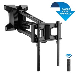 The Mount-It! Motorized Fireplace TV Wall Mount in black features an adjustable arm that lowers your TV over the fireplace. Includes a remote with blue wireless icon. Blue arrow text: "Lowers Over Fireplace—a perfect fireplace TV mount solution.