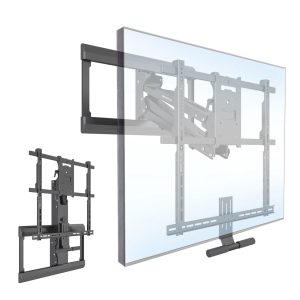 The Mount-It! Pull Down Fireplace TV Mount in black is shown supporting a large flat-screen TV. It features height adjustment, extendable arms, and swiveling joints for flexible positioning, with an isolated view displayed on the left.