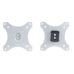 Two silver Mount-It! Replacement Monitor VESA Plates are shown: the left fits 100x100mm VESA with two center screws, while the right has a black bracket labeled "TOP" attached at the center.