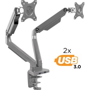 Silver Monitor Mount - Dual Monitor Desk Mount w/ USB Ports - Mount-It! - MI-2762