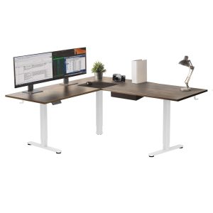 White / Brown Standing Desk - XL Electric Height Adjustable Corner Standing Desk - Mount-It! - MI-15028