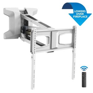 The Mount-It! Motorized Fireplace TV Wall Mount in white features an adjustable arm that lowers your TV over the fireplace. A blue "Lowers Over Fireplace" arrow points to the mount, and a remote with wireless icon is shown below.